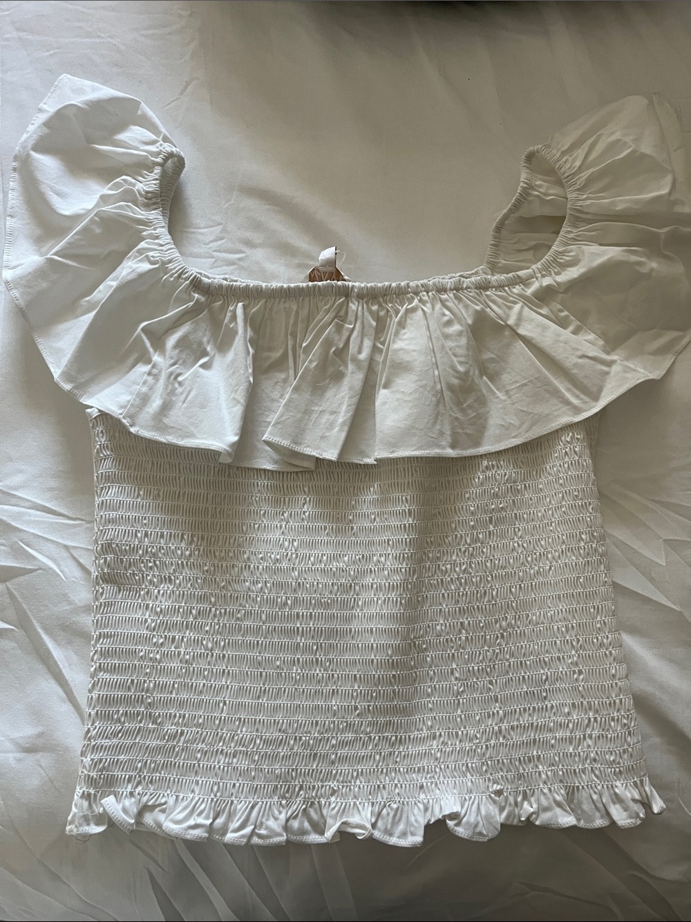 Wayf Delilah White Off-Shoulder Smocked Ruffle Camisole